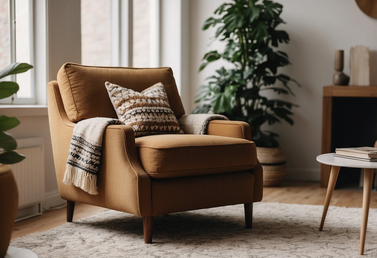 A cozy Scandinavian armchair sits in a 70's living room, adorned with earthy tones, geometric patterns, and natural materials