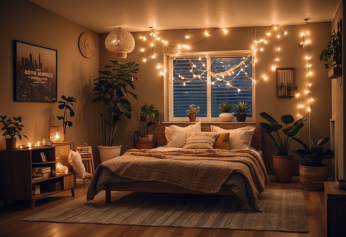 The room is adorned with string lights, creating a warm and cozy ambiance. The decor features 70's inspired elements, such as bold patterns and earthy tones