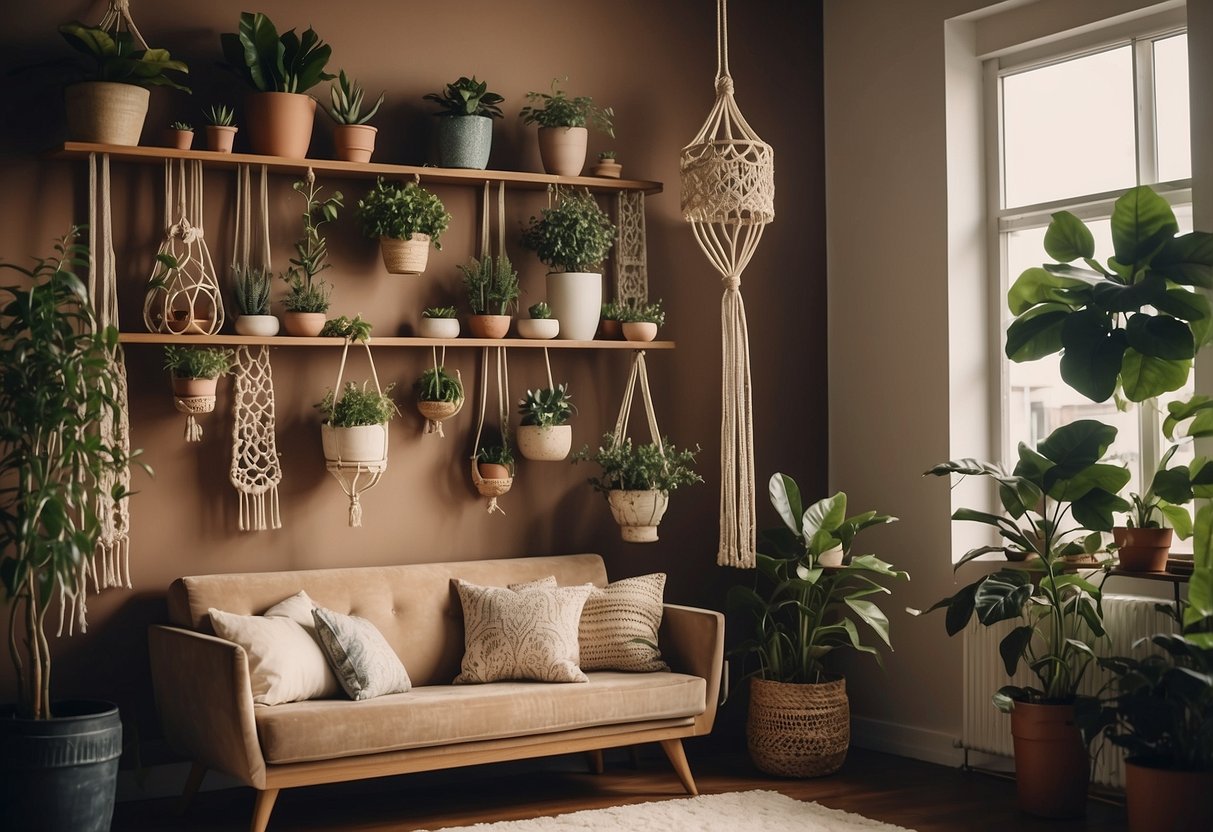 A retro living room with macrame plant hangers, vintage furniture, and DIY kits displayed on a wooden shelf