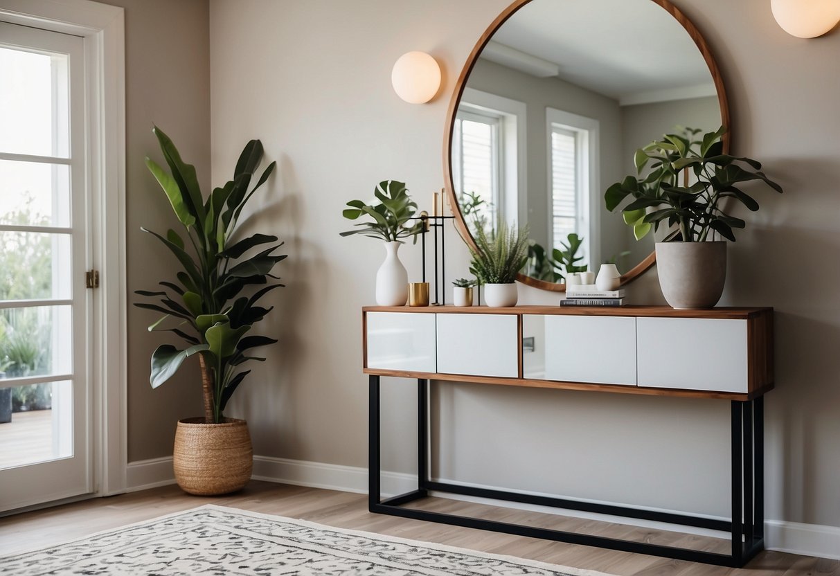 A sleek console table with a mirror above it, adorned with minimalist decor and a statement lighting fixture. A geometric patterned rug and a potted plant add a touch of warmth to the contemporary entryway