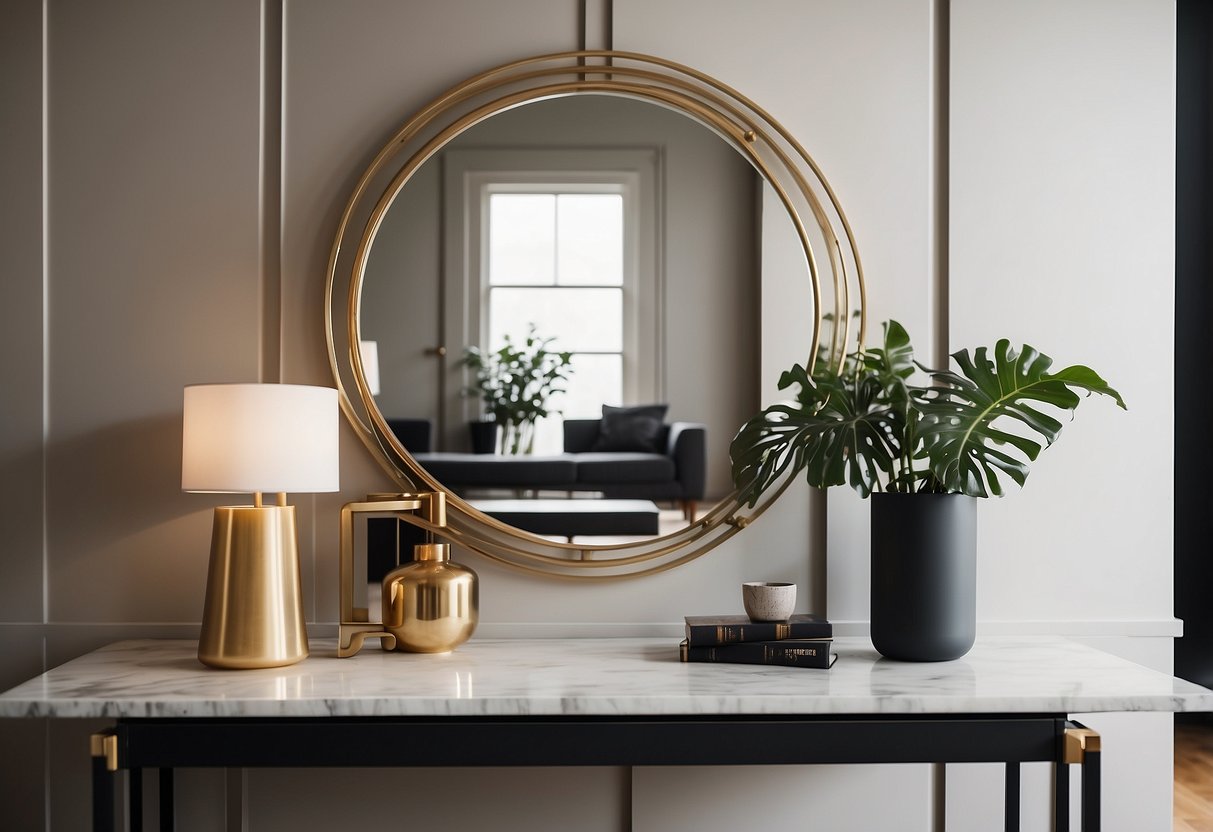 A sleek, geometric wall mirror hangs above a minimalist entryway table adorned with contemporary decor