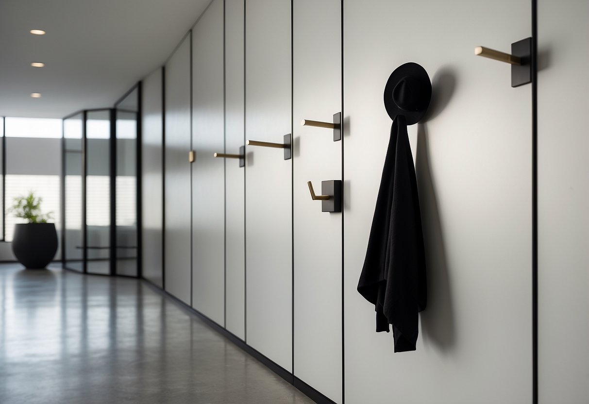 A sleek, minimalist entryway with geometric wall hooks in matte black and brass, casting soft shadows on a clean, white wall