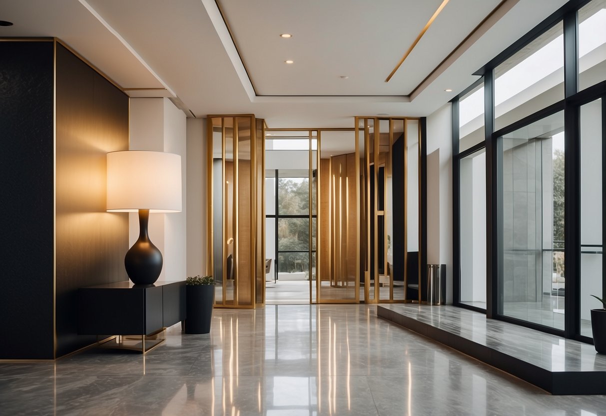 A sleek, minimalist entryway with abstract wall art, geometric mirrors, and metallic accents. Bold colors and clean lines create a modern, artistic atmosphere