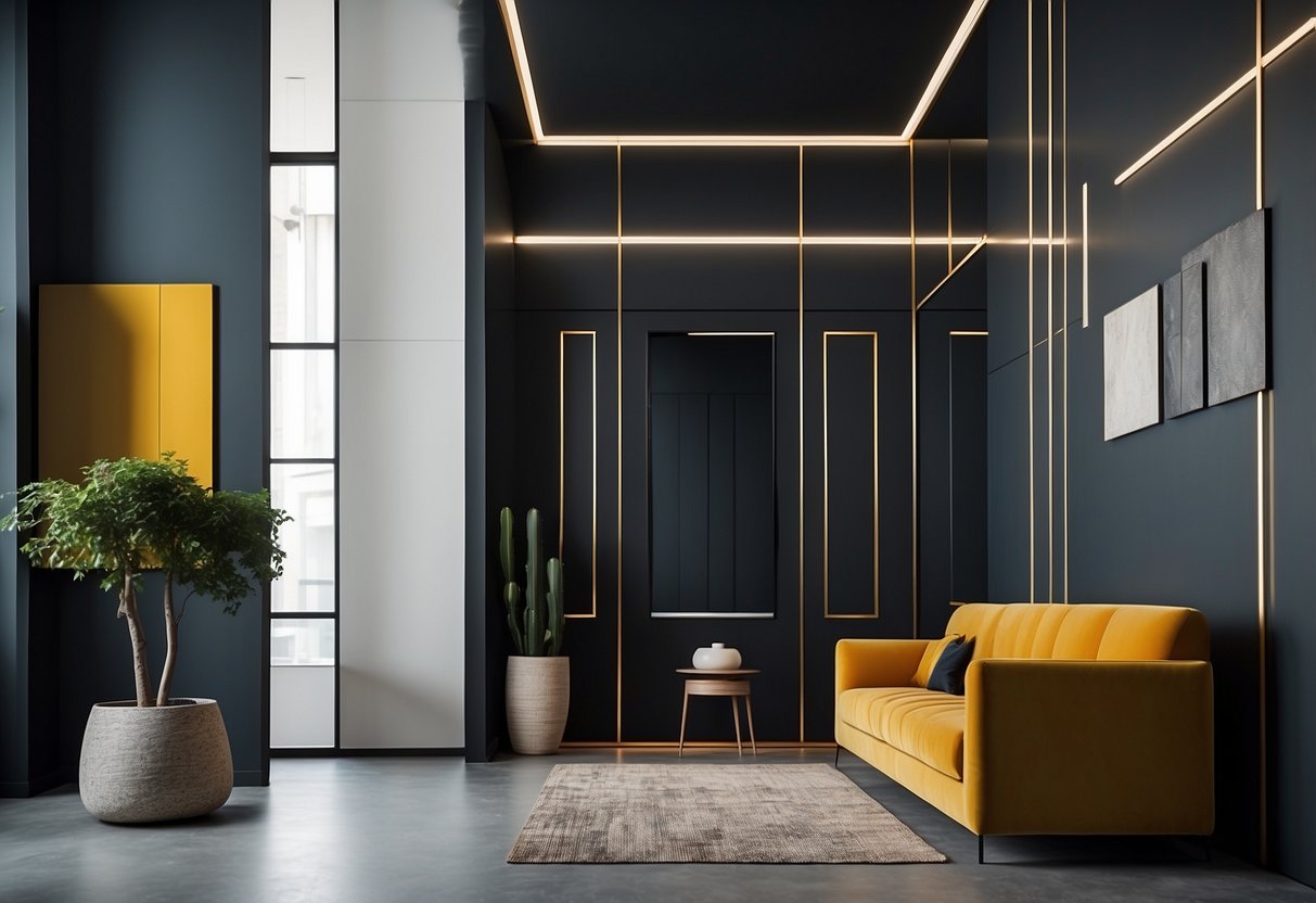 A sleek, minimalist entryway with a monochromatic color scheme accented by pops of bold, contrasting colors in the form of geometric wall art and a statement piece of furniture