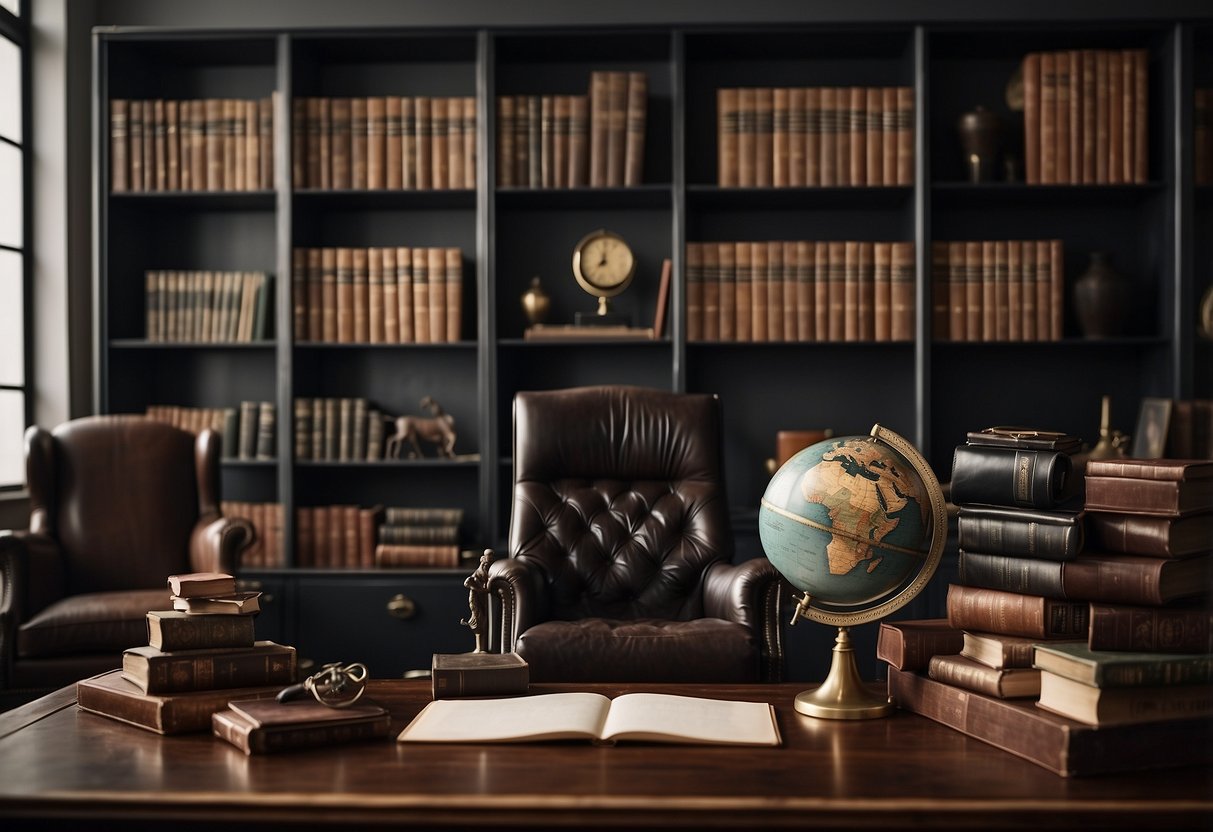 A sleek desk with a leather chair, industrial-style shelving, and masculine artwork. A vintage globe and a set of leather-bound books add a touch of sophistication