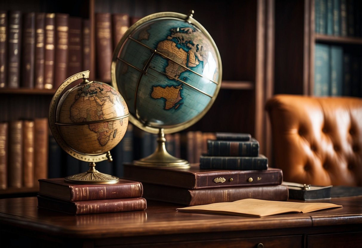 A vintage globe sits on a mahogany desk, surrounded by leather-bound books and a brass desk lamp. A worn leather chair completes the classic office decor