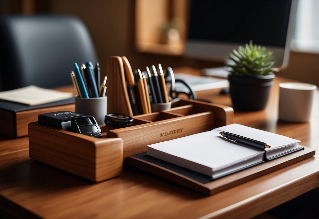 A wooden desk organizer sits on a sleek desk, holding pens, notepads, and other office supplies. The warm wood tones add a touch of sophistication to the workspace