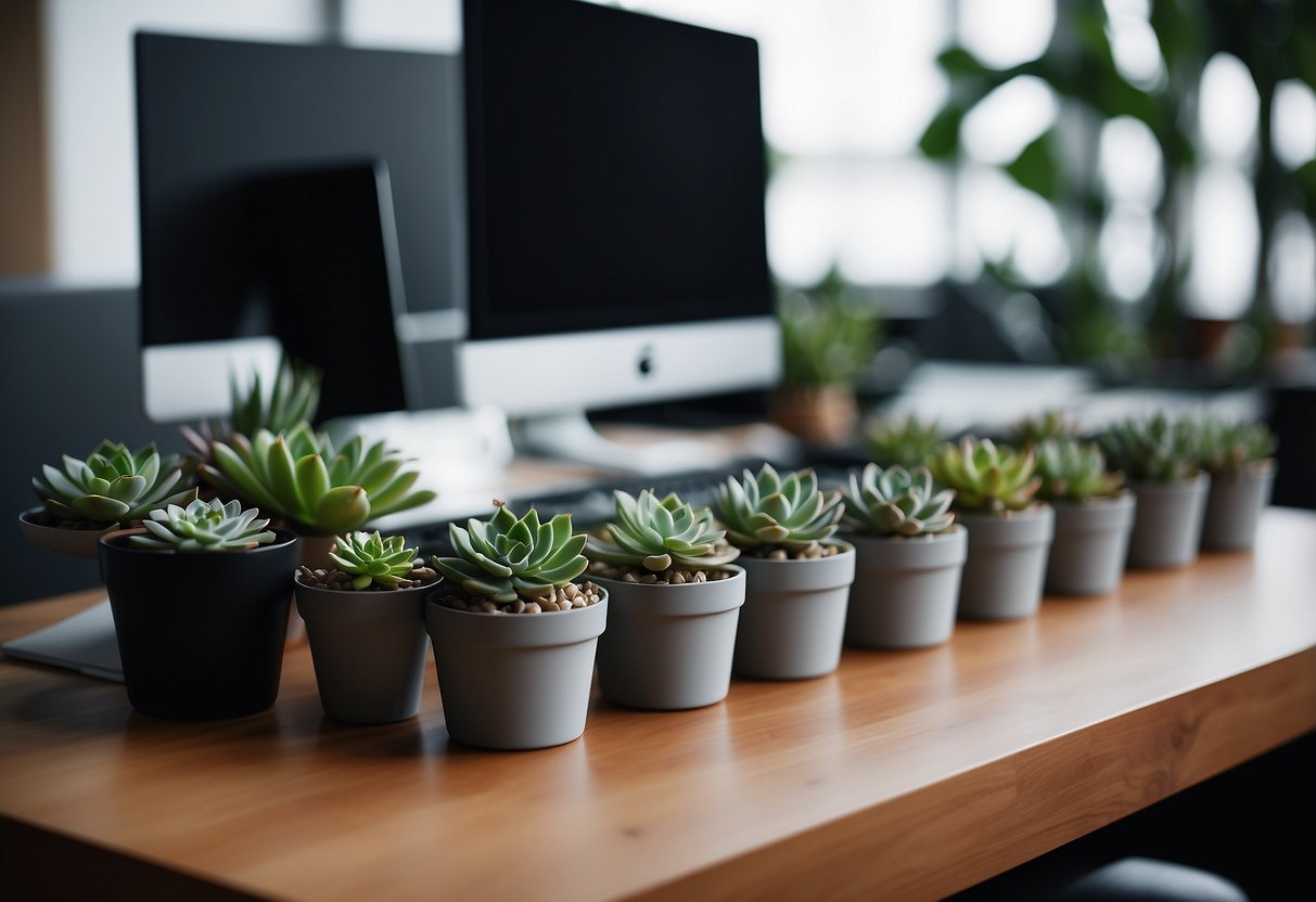 A set of succulent plants arranged on a desk with a modern office decor for a male