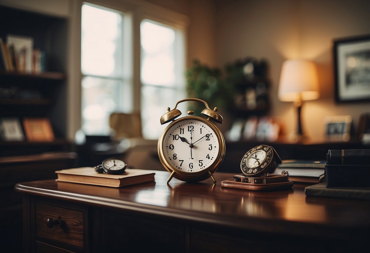 A vintage wall clock hangs above a clutter-free desk in a home office, surrounded by classic office decor and masculine accents