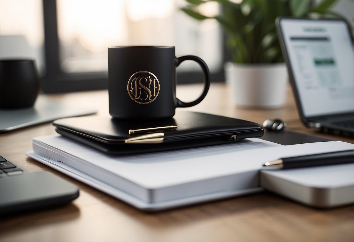 A sleek desk with a personalized monogrammed mug, surrounded by modern office accessories and a stylish pen holder