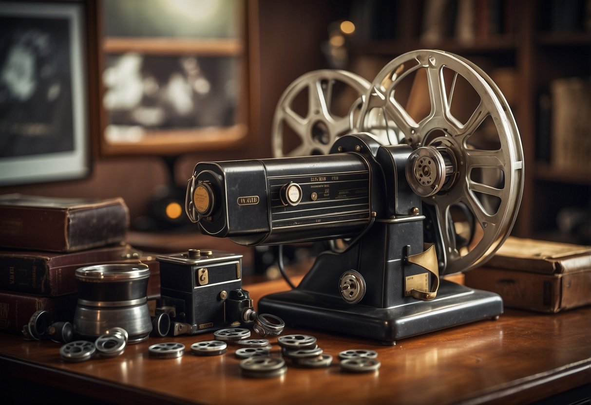 A vintage movie projector on a cluttered desk, surrounded by film reels, old movie posters, and a worn director's chair