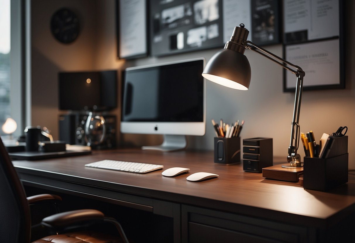 A tidy desk with a sleek computer, organized stationery, and masculine decor such as leather accessories and industrial-style desk lamp