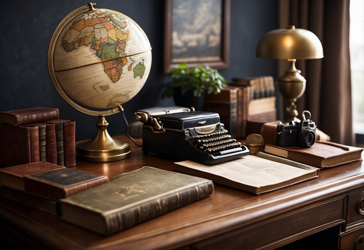 A sleek desk adorned with masculine decor, including a vintage globe, leather-bound books, and a stylish desk lamp. A framed map and a collection of travel souvenirs add a personal touch