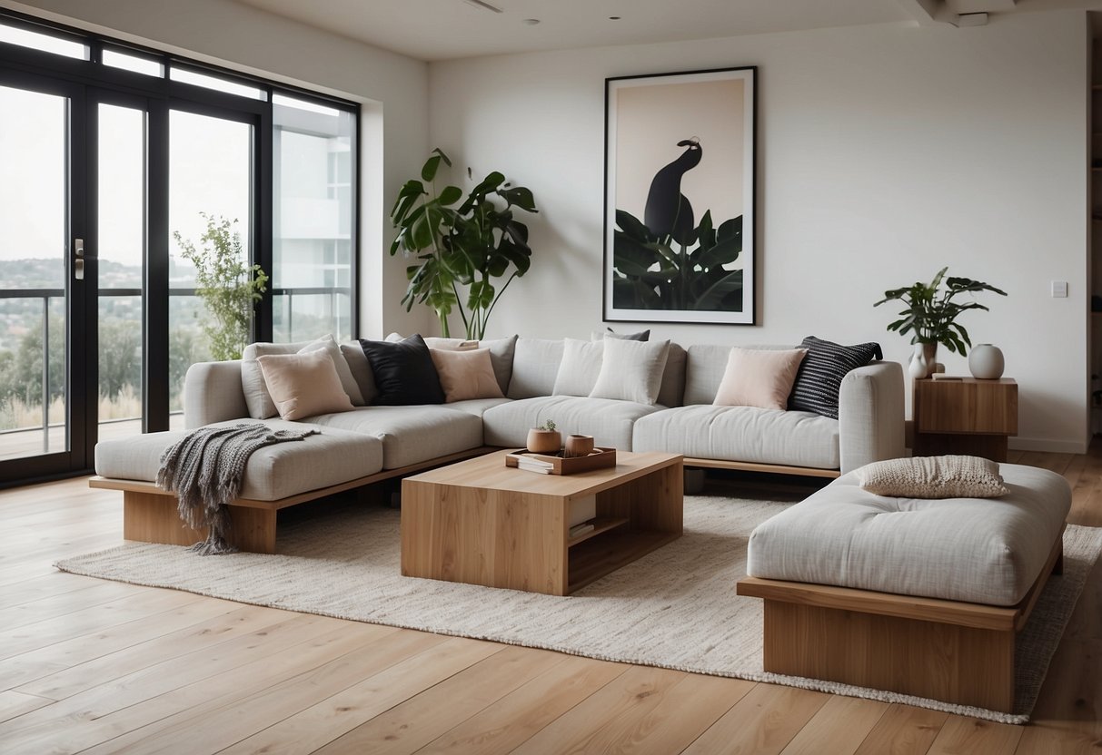 A spacious living room with modern furniture, natural light, and minimalistic decor. White walls, wooden floors, and a cozy seating area