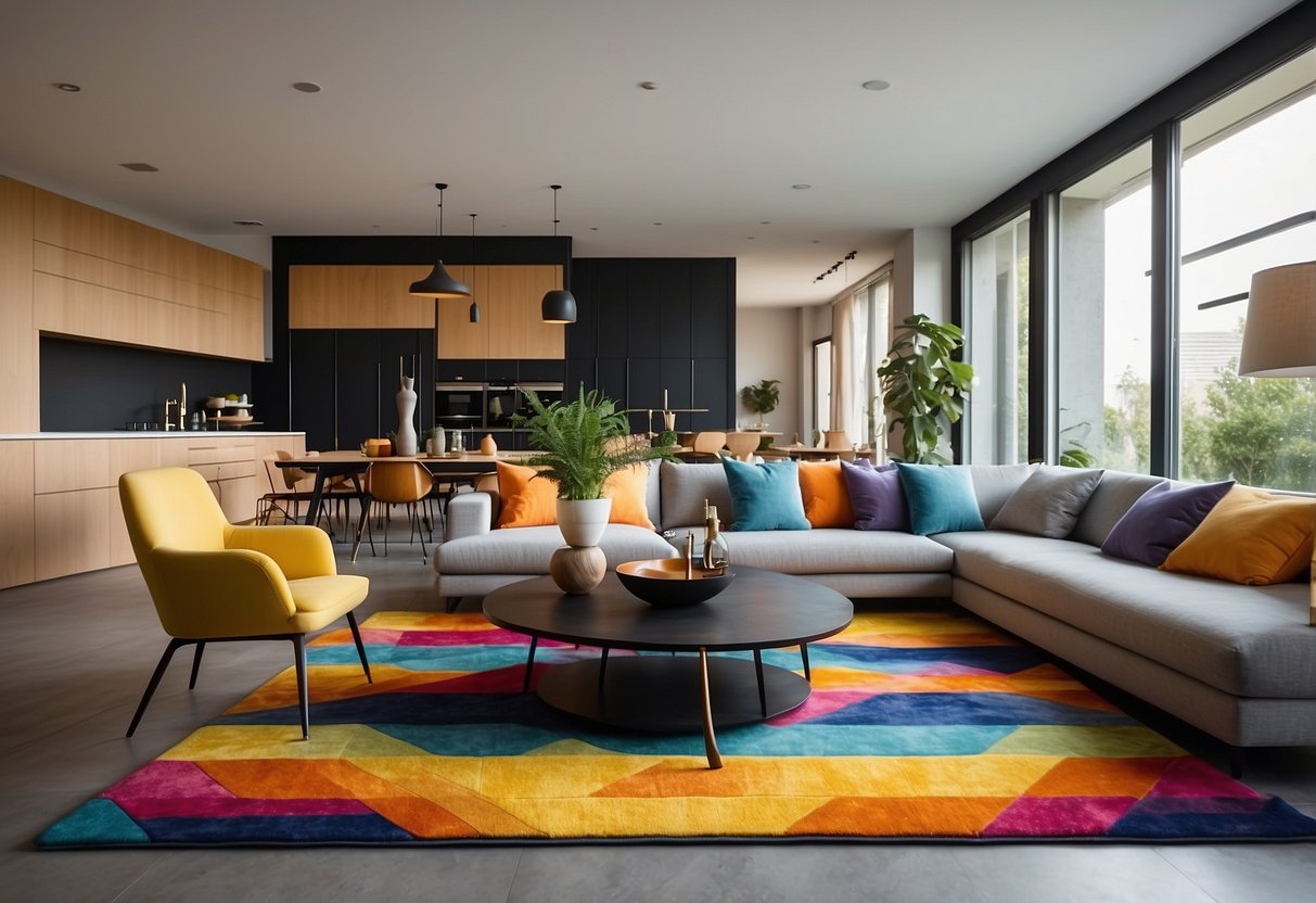 A modern living room with a large, colorful area rug separating the seating and dining areas in an open plan space