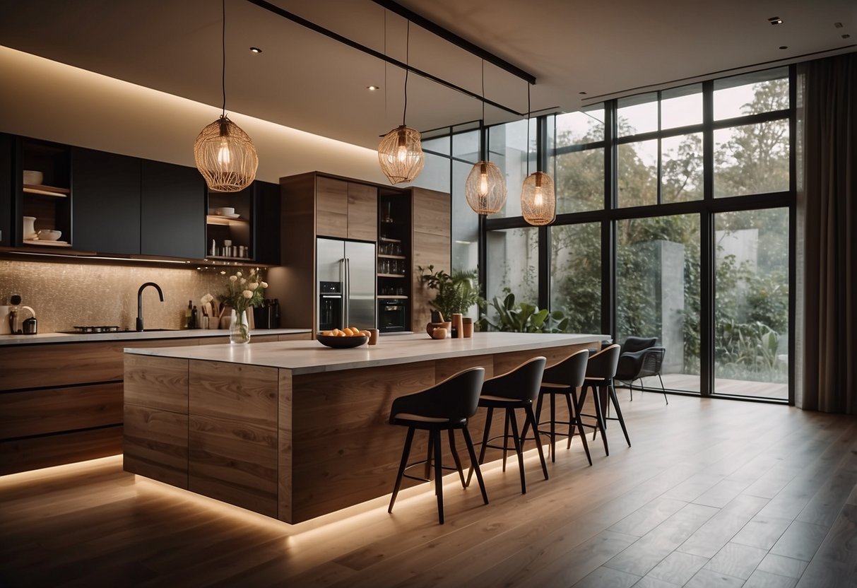 A modern open-plan room with statement lighting fixtures hanging from the high ceiling, casting warm and inviting light over the contemporary decor