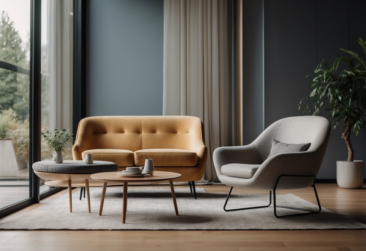 Two accent chairs in a modern open-plan living room with minimal decor and natural light