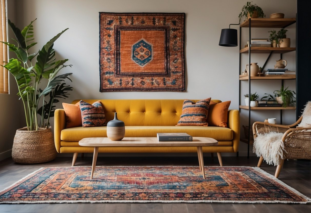 A colorful rug anchors the room, complemented by bright throw pillows and a statement wall art. A cozy sofa and modern coffee table complete the vibrant living room decor