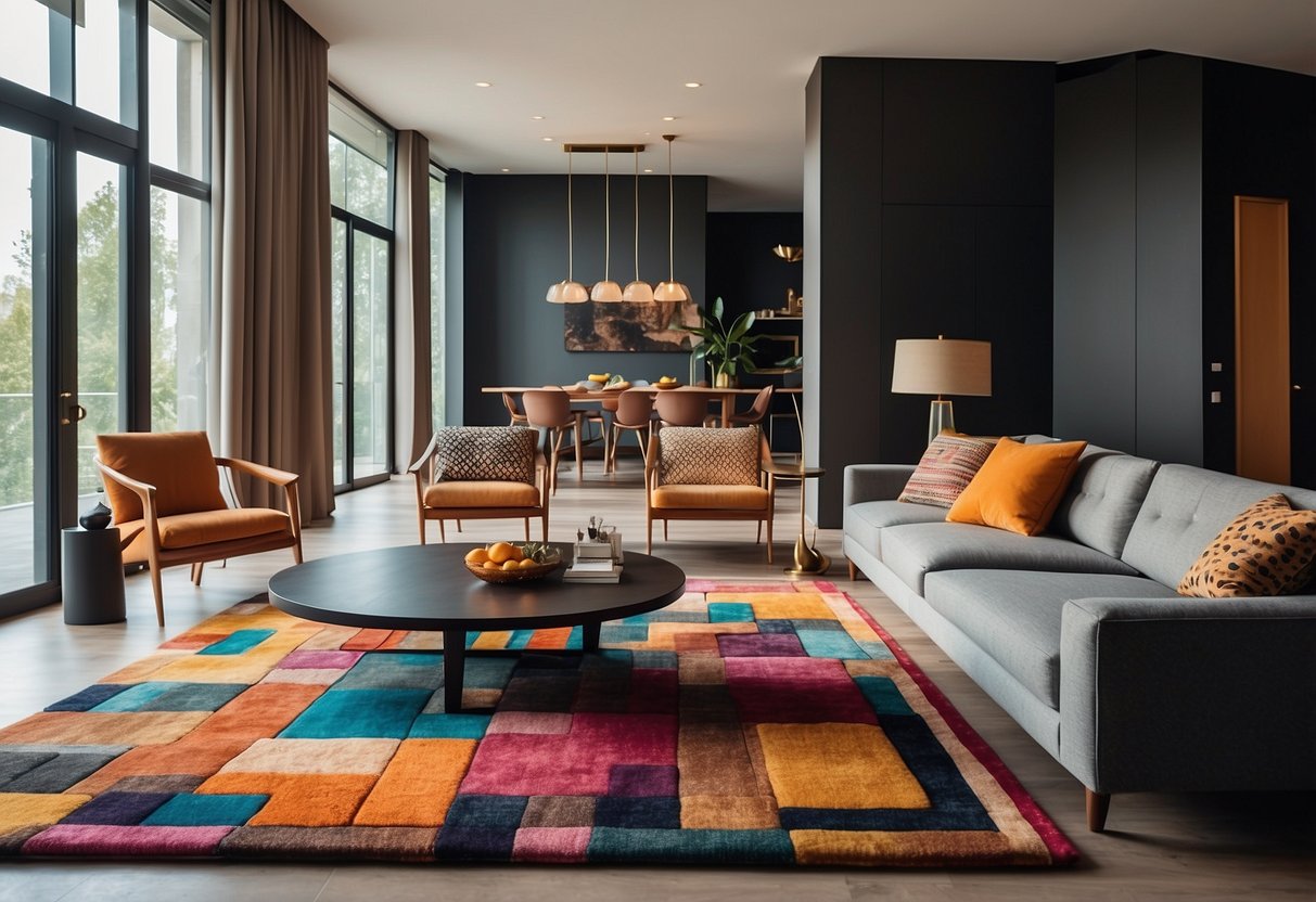 A vibrant living room with bold geometric rugs in the center, surrounded by modern furniture and colorful decor