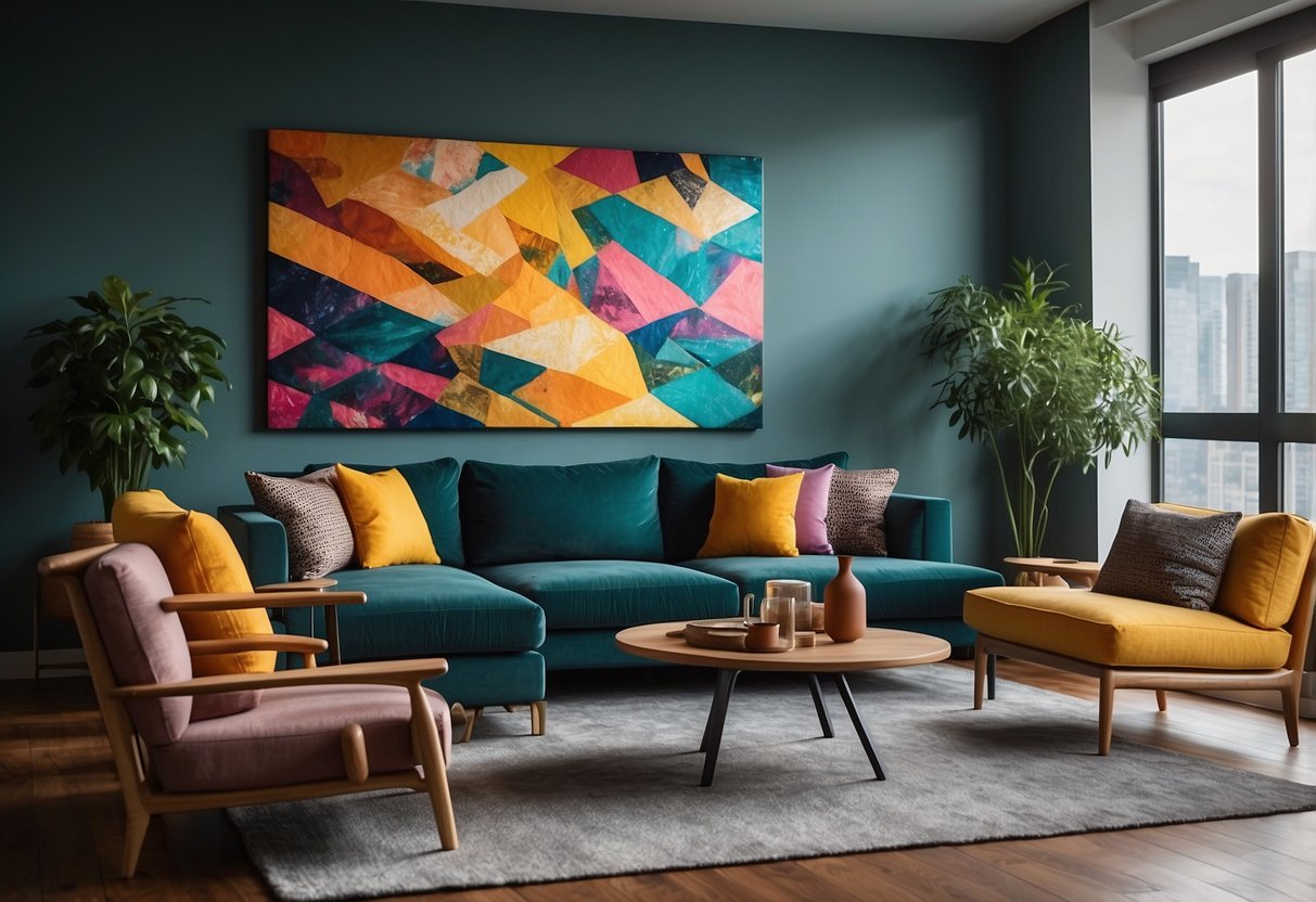 A colorful statement wall art hangs above a cozy living room with modern furniture and vibrant decor