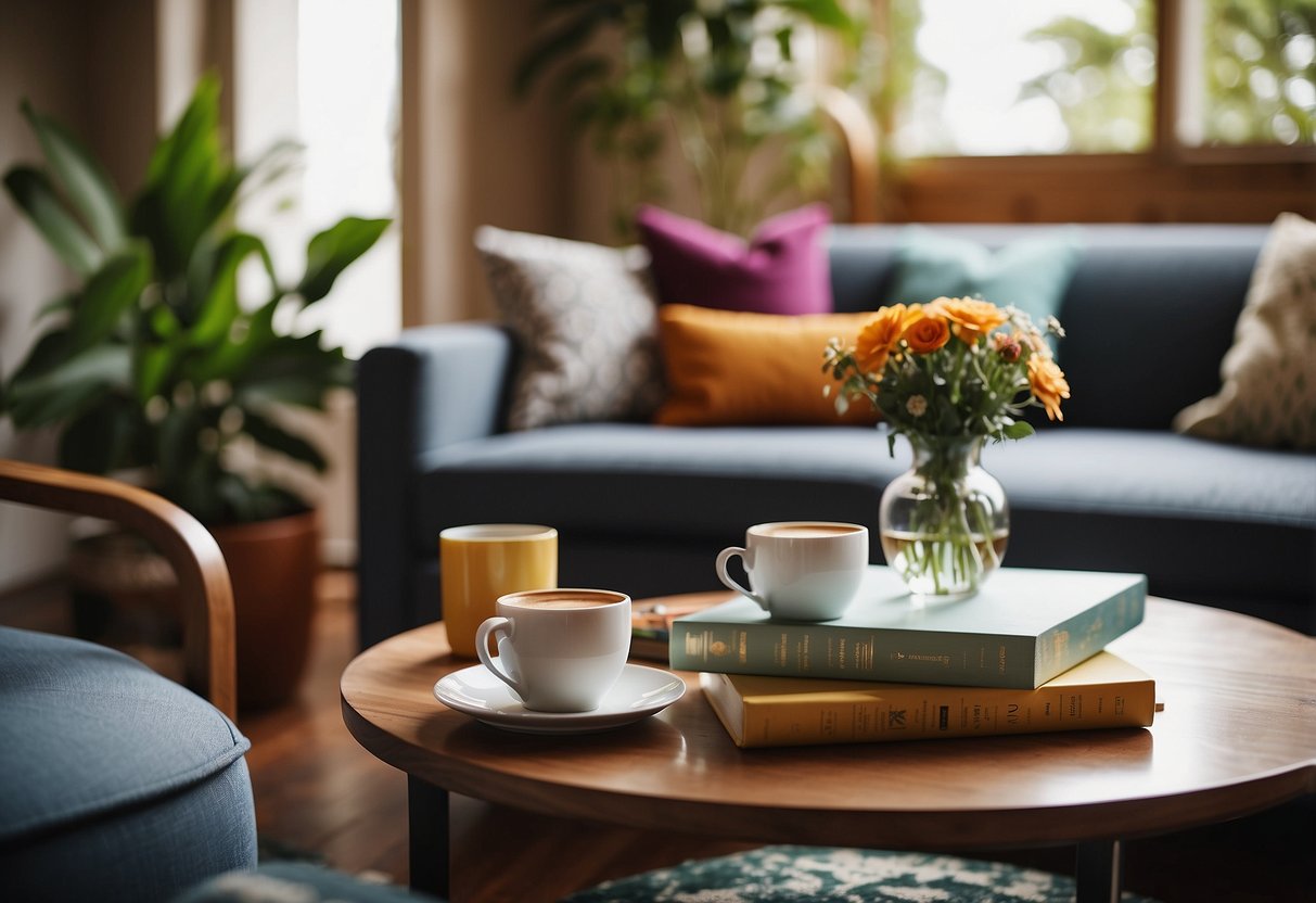 A vintage coffee table sits between two vibrant armchairs, adorned with colorful and eclectic coffee table books. The living room is filled with natural light, creating a warm and inviting atmosphere