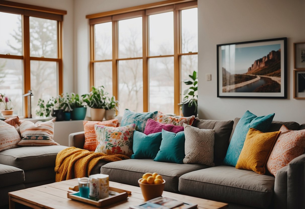 A cozy living room with colorful throw pillows, unique art pieces, and family photos on the walls. Bright natural light streams in through large windows, illuminating the space