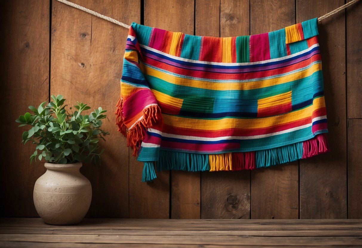 A colorful serape hangs on a weathered wooden wall, surrounded by vibrant papel picado banners and ceramic talavera tiles