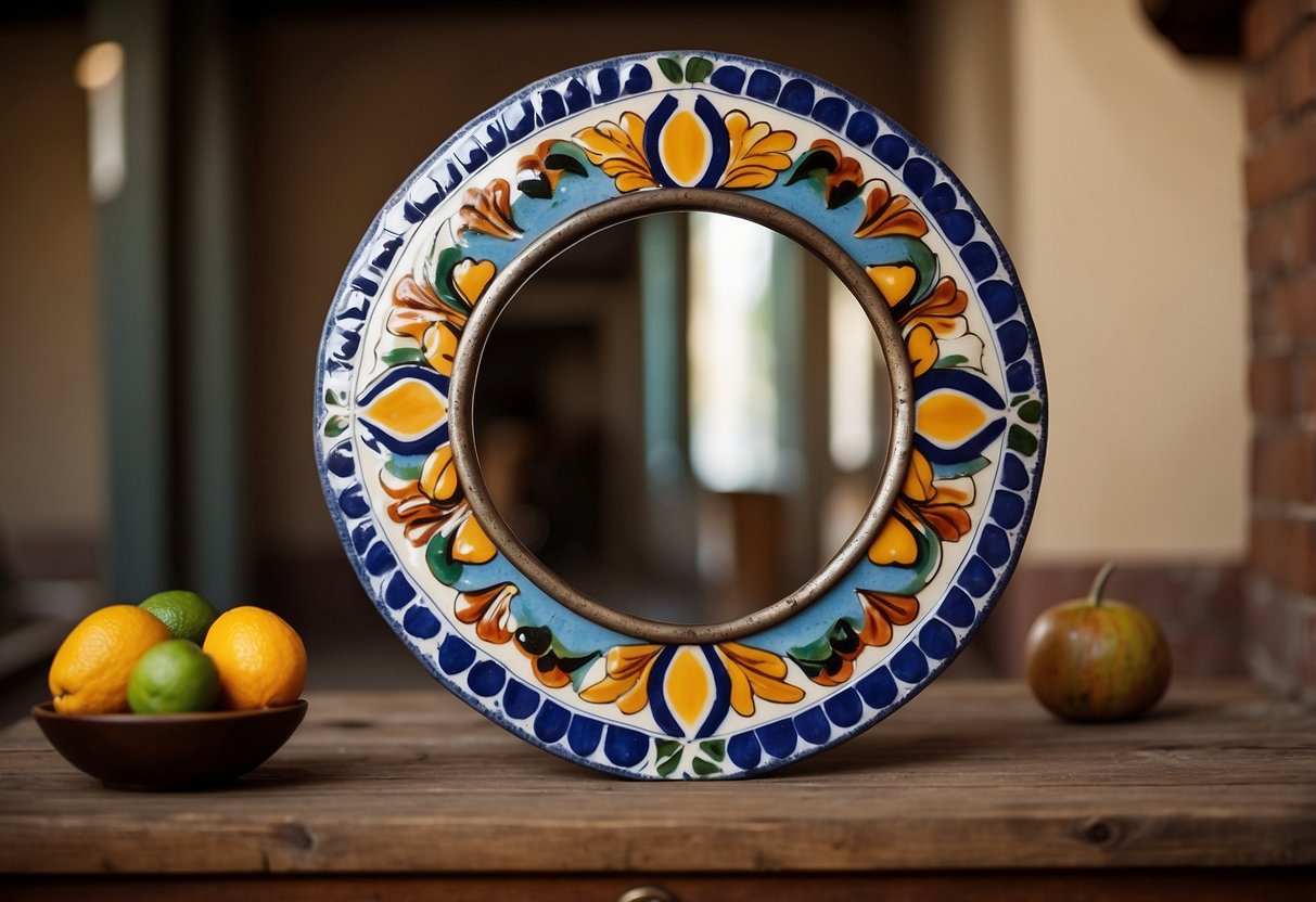 A rustic mirror adorned with vibrant Talavera tiles, reflecting the essence of vintage Mexican decor