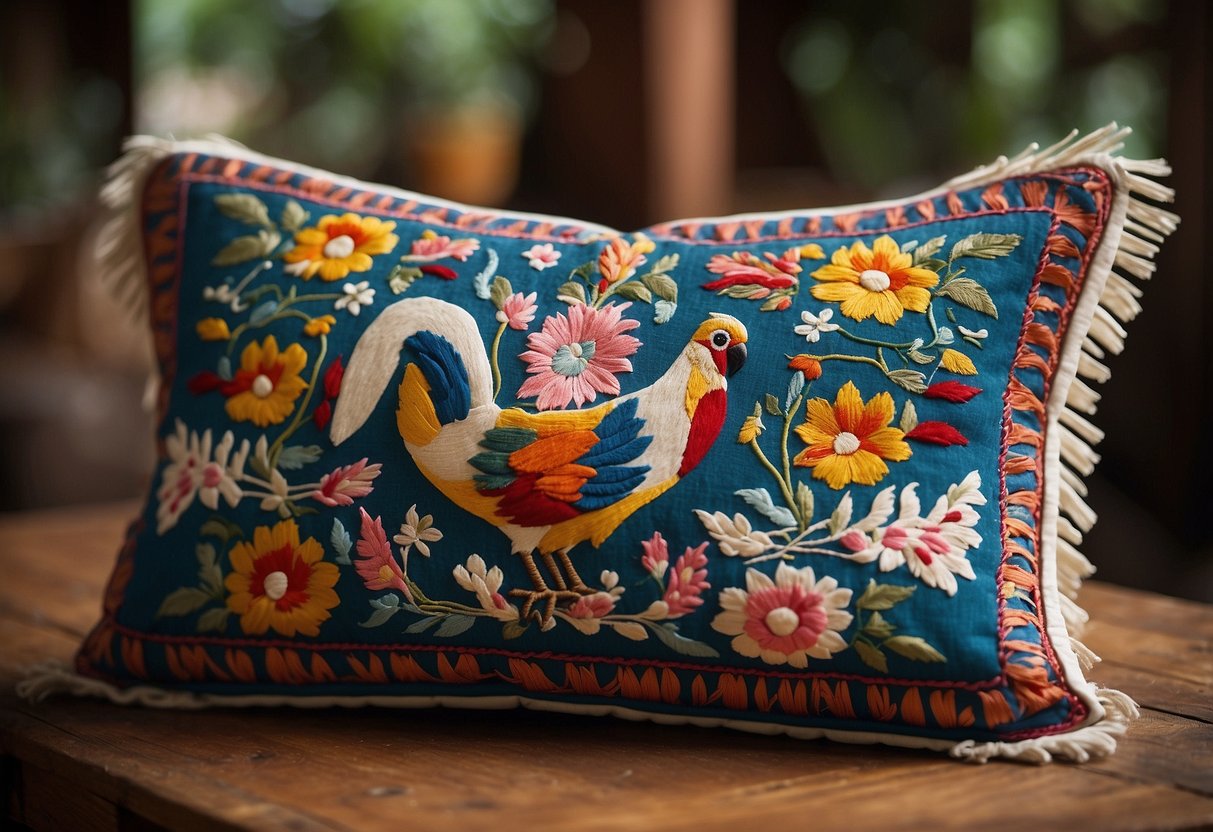 A vintage Otomi embroidery pillow sits on a rustic Mexican table, surrounded by traditional decor