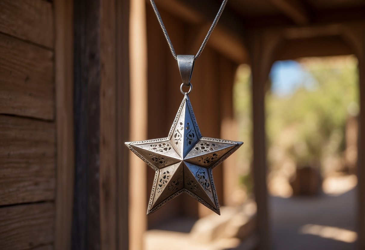 A vintage Mexican tin star pendant hangs from a rustic wooden beam, casting intricate shadows on the adobe wall