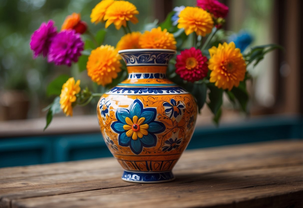 A vibrant Talavera vase sits on a rustic wooden table, surrounded by colorful Mexican décor