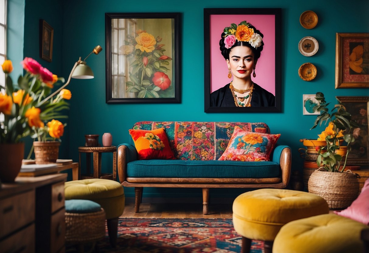 A colorful room with Frida Kahlo prints, vibrant Mexican decor, and vintage elements