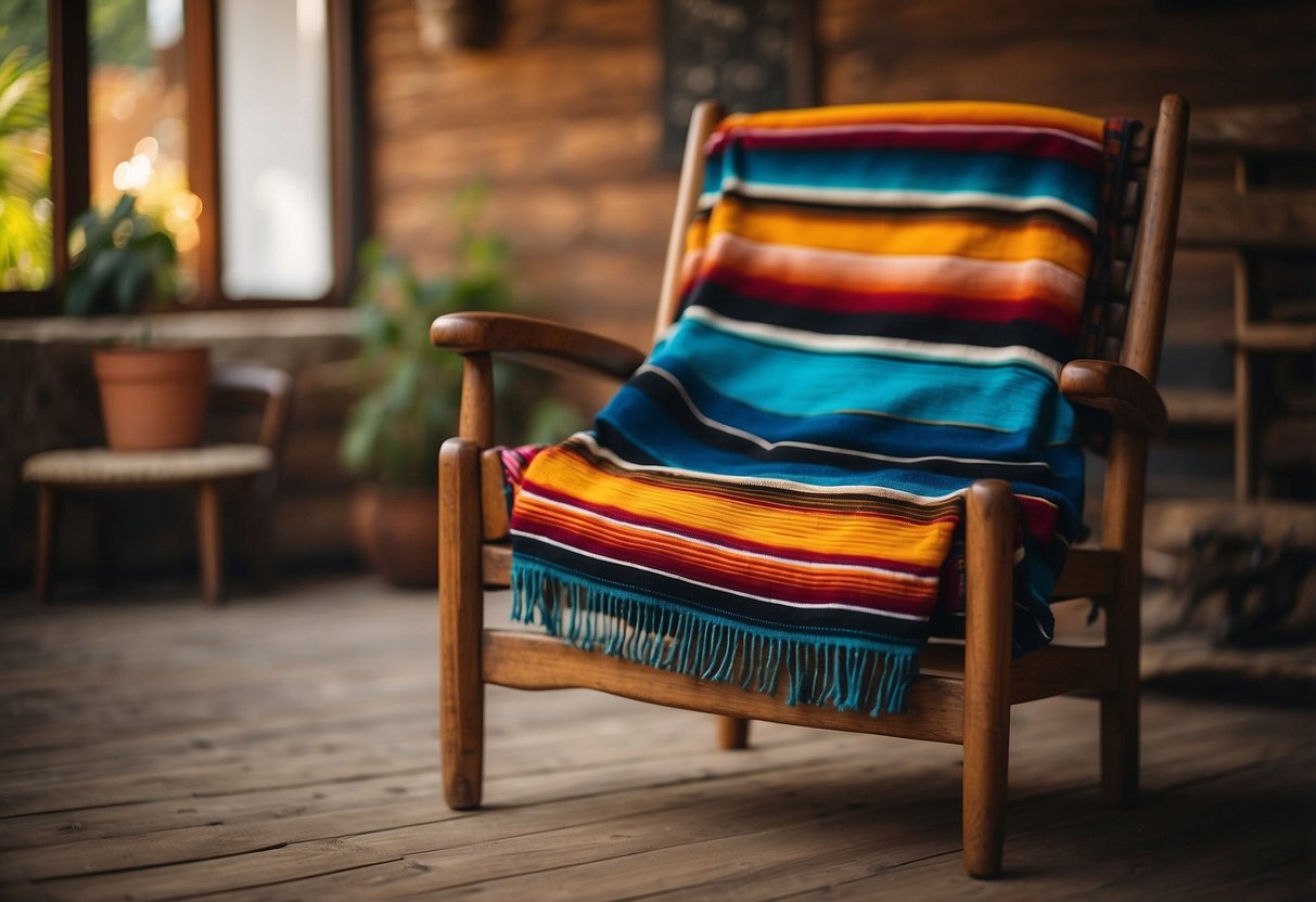 A vintage serape blanket draped over a wooden chair with colorful Mexican decor in the background