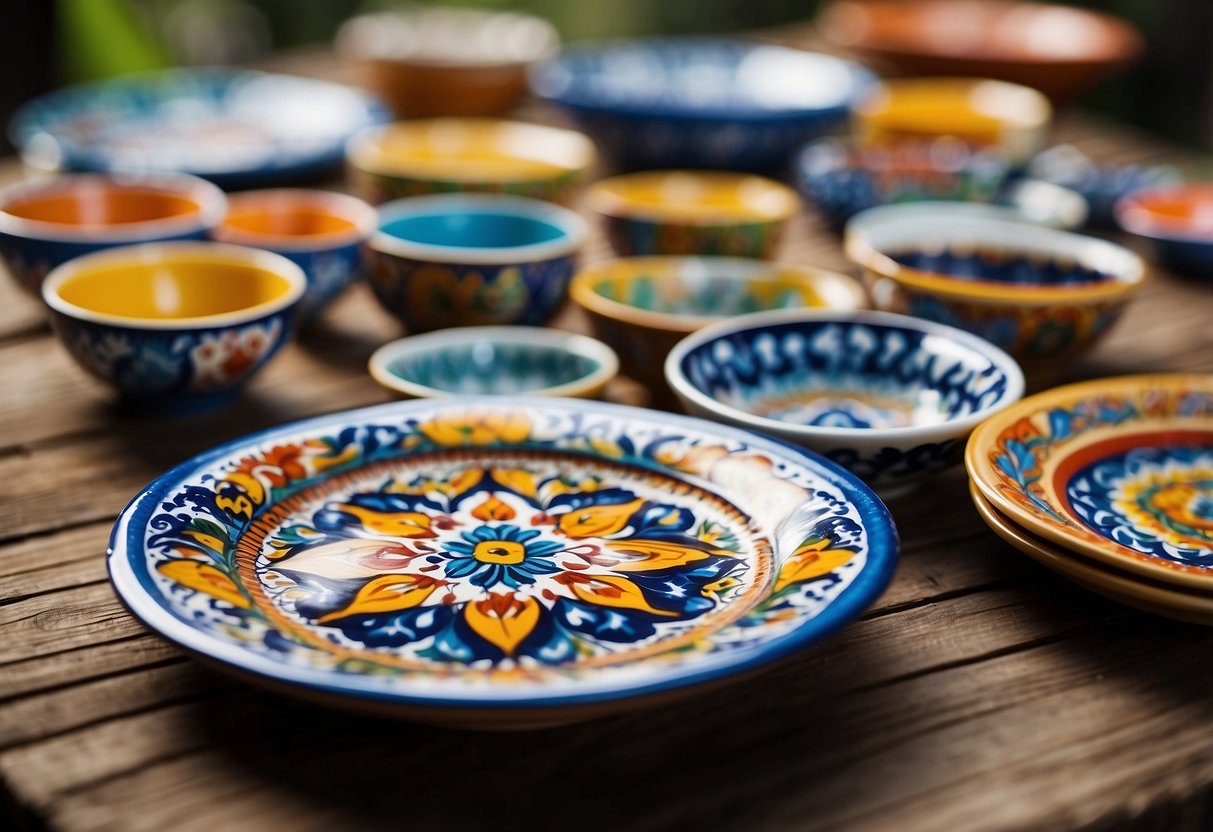 Colorful Talavera plates arranged on a rustic wooden table. Vibrant patterns and intricate designs. Vintage Mexican decor