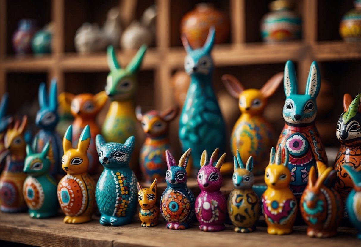 Colorful alebrije figurines adorn a rustic wooden shelf, surrounded by vibrant textiles and traditional Mexican pottery