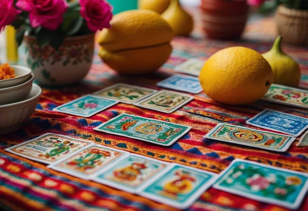 Vintage Mexican Lotería cards arranged on a colorful, patterned tablecloth amidst traditional Mexican decor