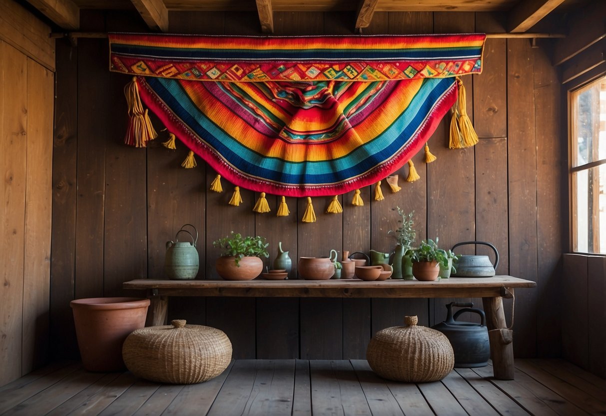 A colorful serape hangs on a weathered wooden wall, adorned with vibrant papel picado and clay pottery. A wrought iron chandelier illuminates the room, highlighting the intricate tile work and embroidered textiles