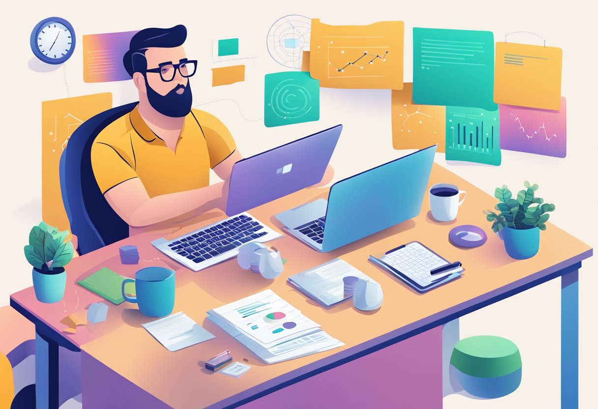 A consultant brainstorming content ideas at a desk with a laptop, surrounded by marketing materials and charts
