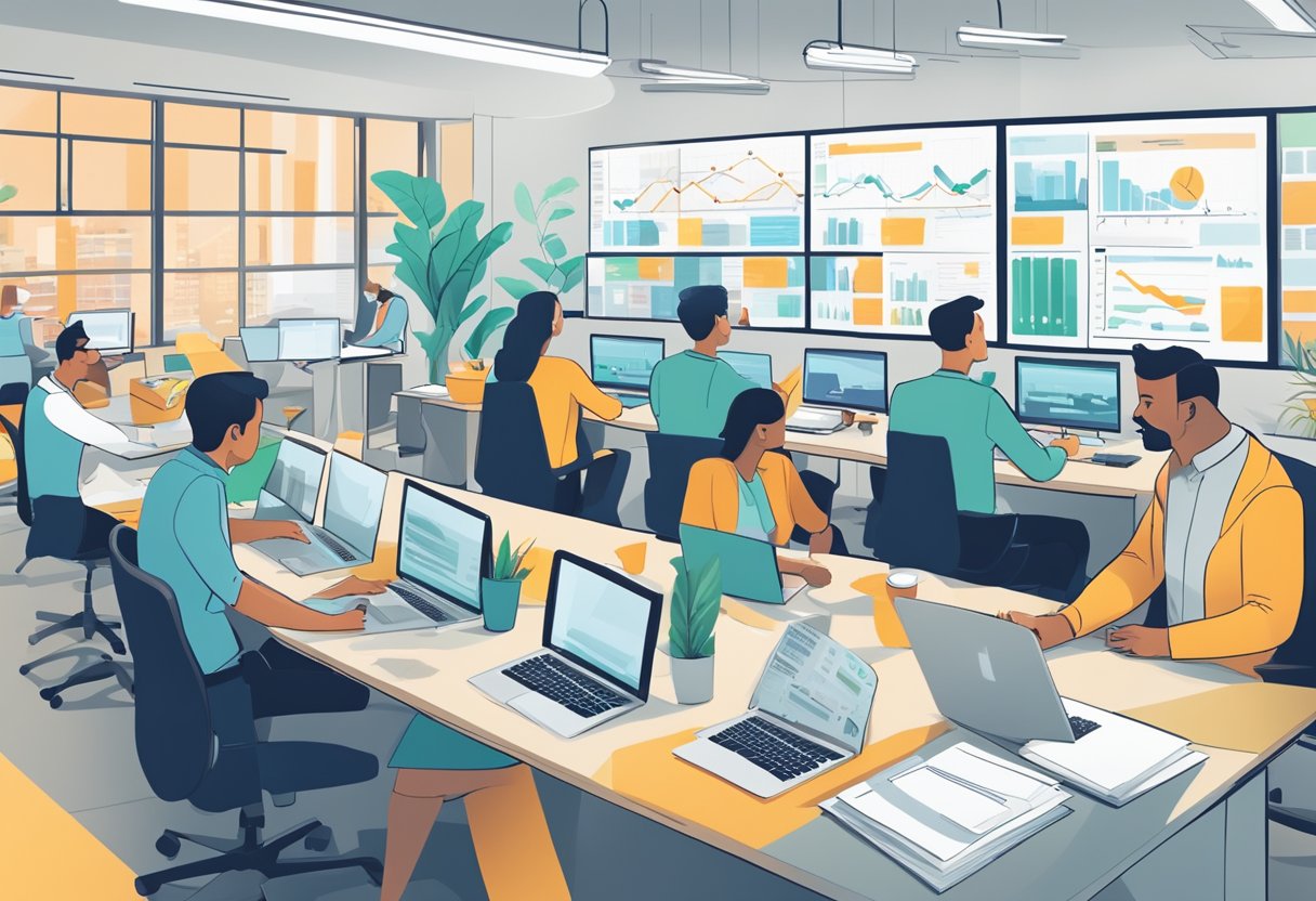 A busy office with professionals collaborating on B2B content marketing strategies, surrounded by computers, charts, and brainstorming sessions