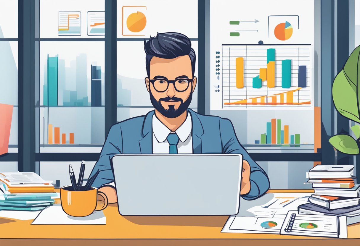 A consultant strategizes B2B content marketing with charts, graphs, and a laptop in a modern office setting