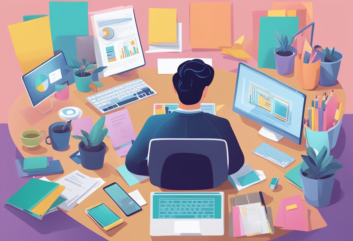 A consultant sits at a desk, surrounded by digital devices and marketing materials. They are deep in thought, brainstorming content ideas for a B2B marketing campaign