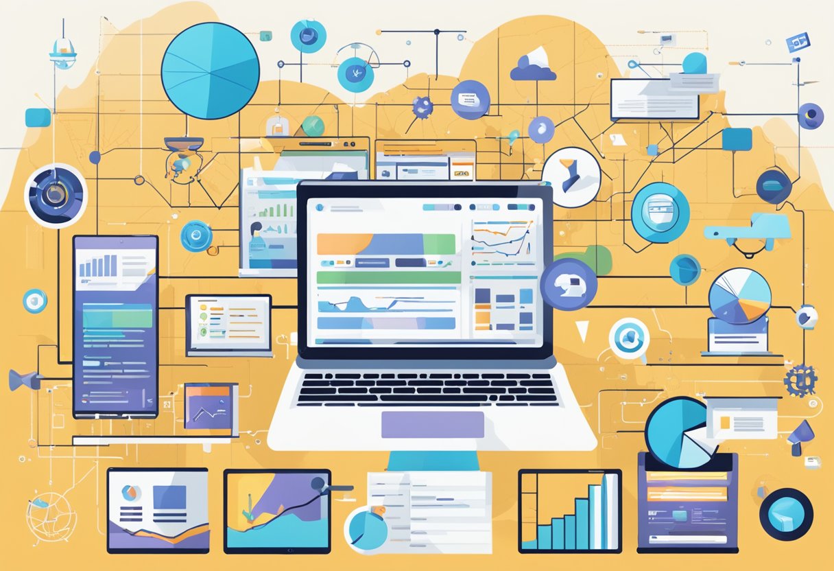 A laptop displaying a variety of marketing channels and automation tools, surrounded by graphs and charts illustrating B2B content marketing strategies