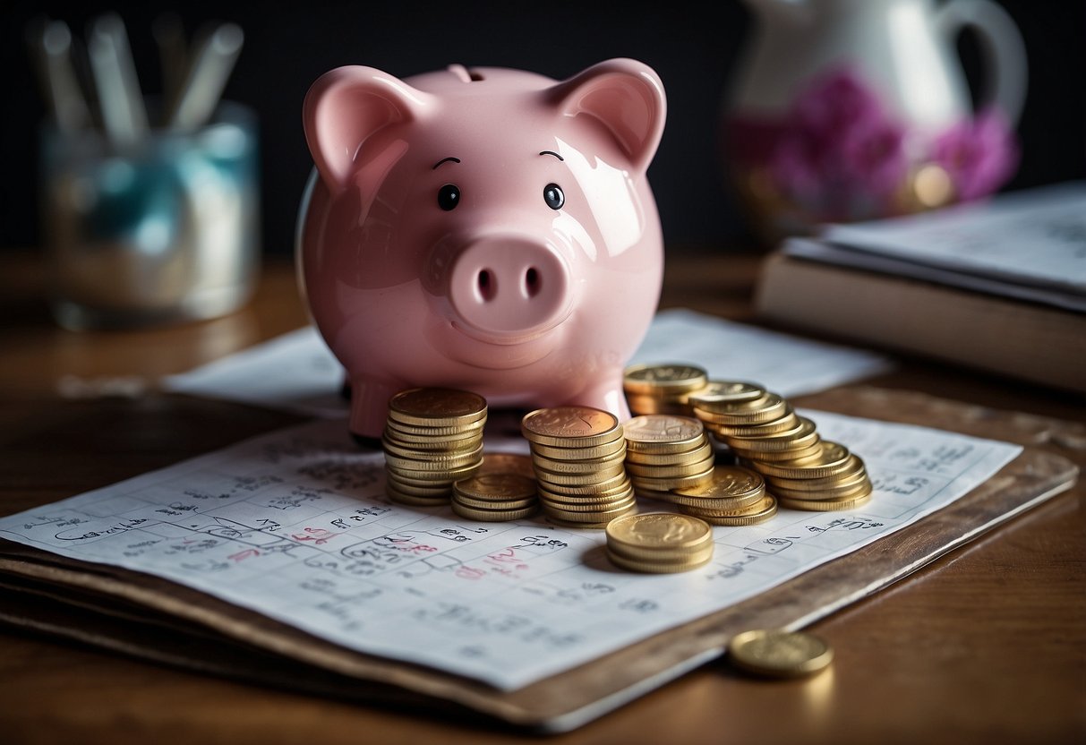 How To Save 5000 In 6 Months: A piggy bank with $5000 goal written on it, surrounded by a calendar showing 6 months. A path of coins leads to the piggy bank