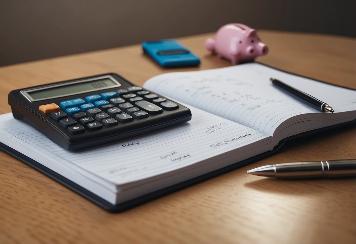 How To Save 5000 In 6 Months: A table with a calendar, calculator, and piggy bank. A hand writing on a notepad, dividing 5000 by 6. An arrow pointing upwards symbolizing progress