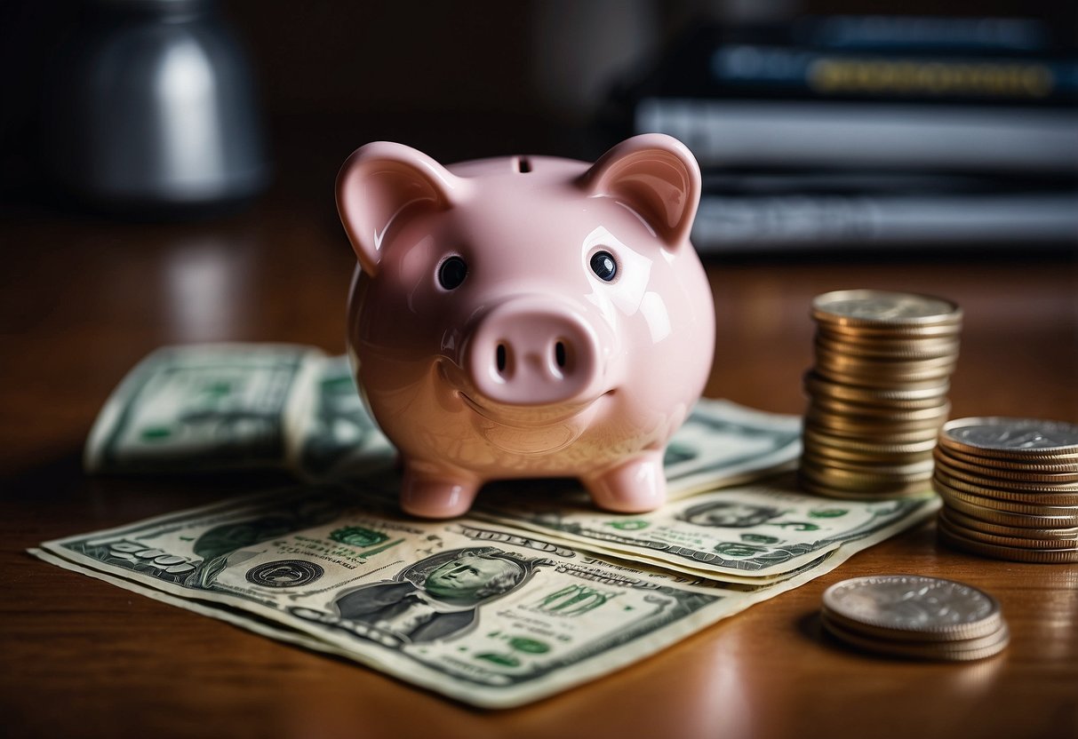 How To Save 5000 In 6 Months: A piggy bank being filled with cash, coins, and dollar bills, with a calendar in the background marking off six months