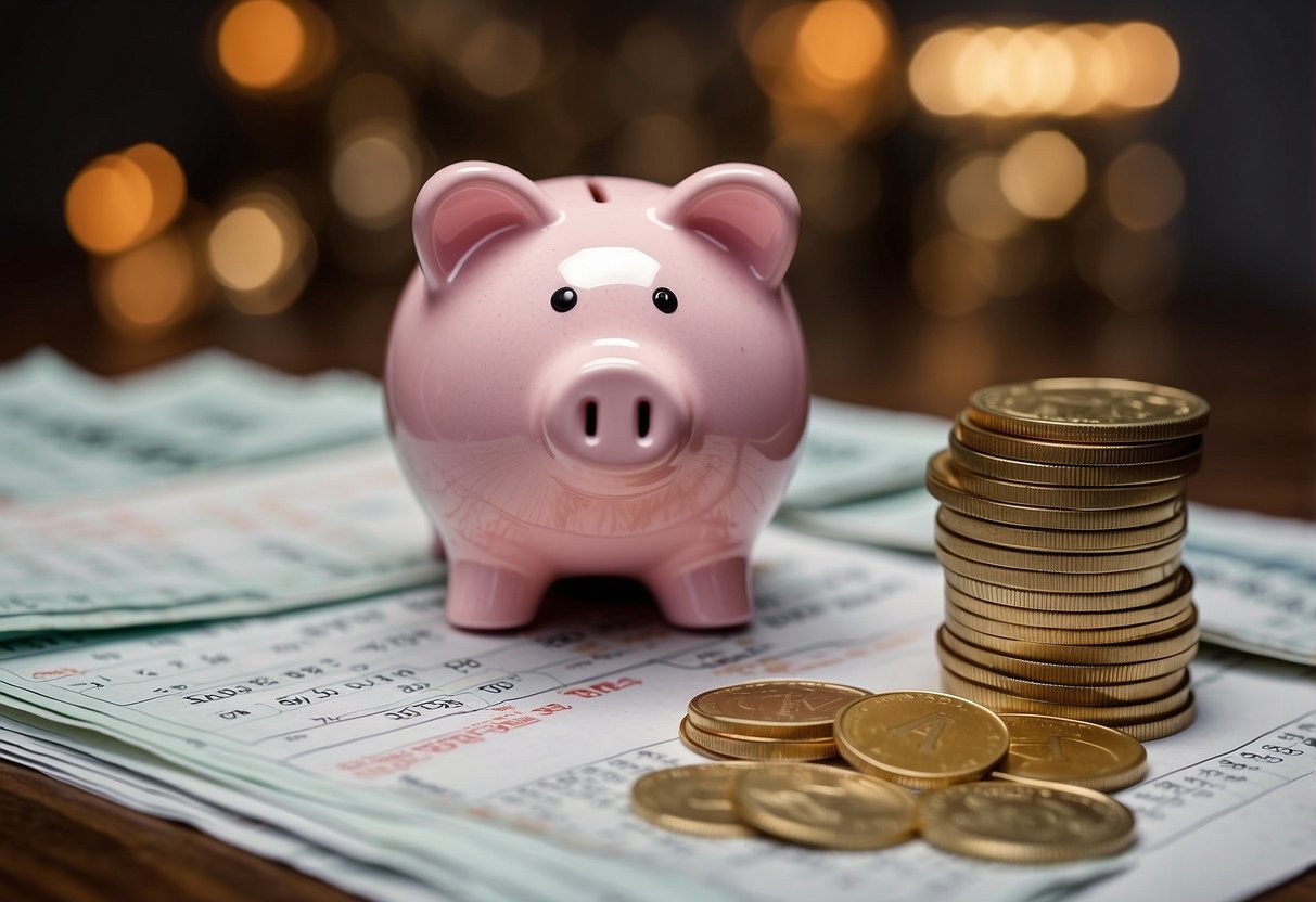 How To Save 5000 In 2 Months: A piggy bank with a dollar sign on the side, surrounded by stacks of coins and bills, with a calendar showing two months