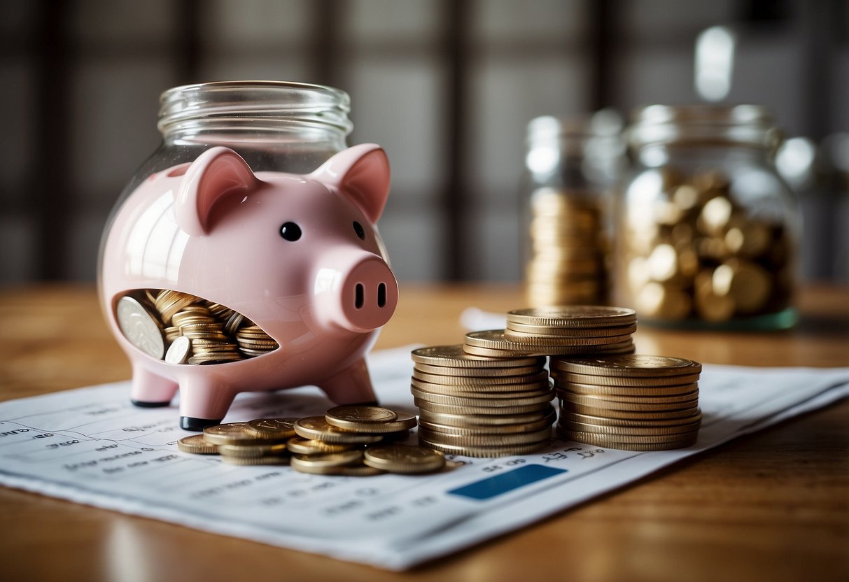 How To Save 10000 In A Year: A piggy bank being filled with coins and bills, a calendar showing progress, and a jar labeled "10,000 savings goal" with money being added