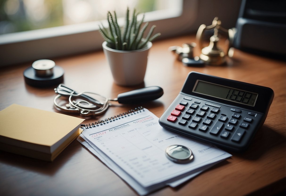 How To Save 10000 In A Year: A desk with a calendar, calculator, and savings jar. A list of financial goals and a chart showing progress towards saving $10,000 in a year