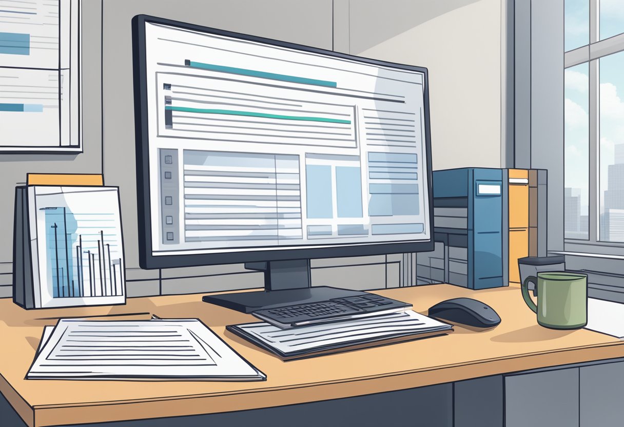 A stack of regulatory documents sits on a desk, alongside a computer showing compliance software. A chart on the wall displays NRI demat account brokers