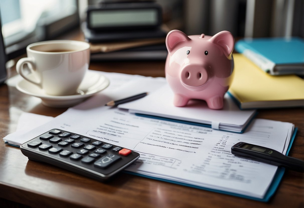 How To Save $10,000 In 6 Months: A desk cluttered with financial documents, a calculator, and a notebook. A piggy bank sits on the corner, with a clear goal written on a sticky note: "Save $10,000 in 6 months."